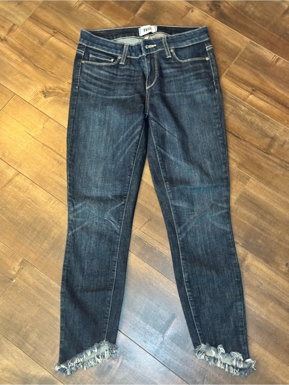 PAIGE Dark Indigo Crop Jeans with Frayed Ankles